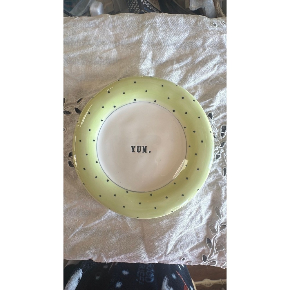 Rae Dunn YUM. Small lime green black polka dot OG plate